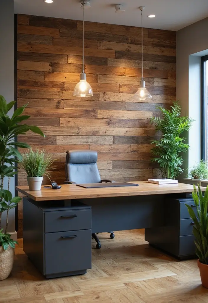 25 Accent Wall Office Ideas That Steal the Spotlight 1 25 Accent Wall Office Ideas That Steal the Spotlight - 1. Reclaimed Wood Wonder