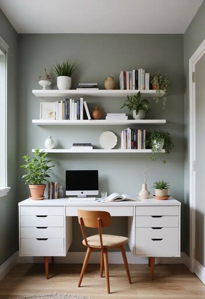 25 Accent Wall Office Ideas That Steal the Spotlight 16 25 Accent Wall Office Ideas That Steal the Spotlight - 16. Floating Shelves as Decor