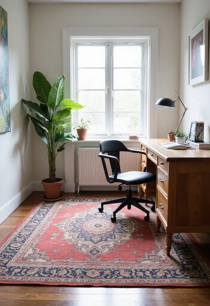25 Office Nook Ideas That Fit in the Smallest Spaces - 18. Stylish Rugs for Comfort