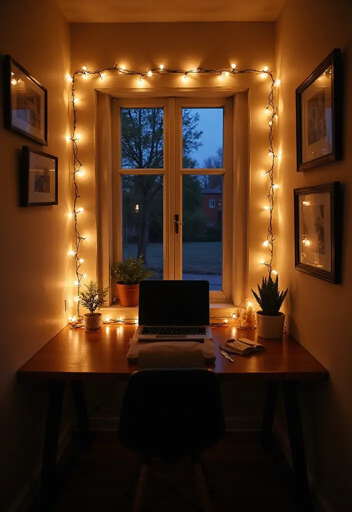 25 Office Nook Ideas That Fit in the Smallest Spaces - 20. Glow Up with Fairy Lights