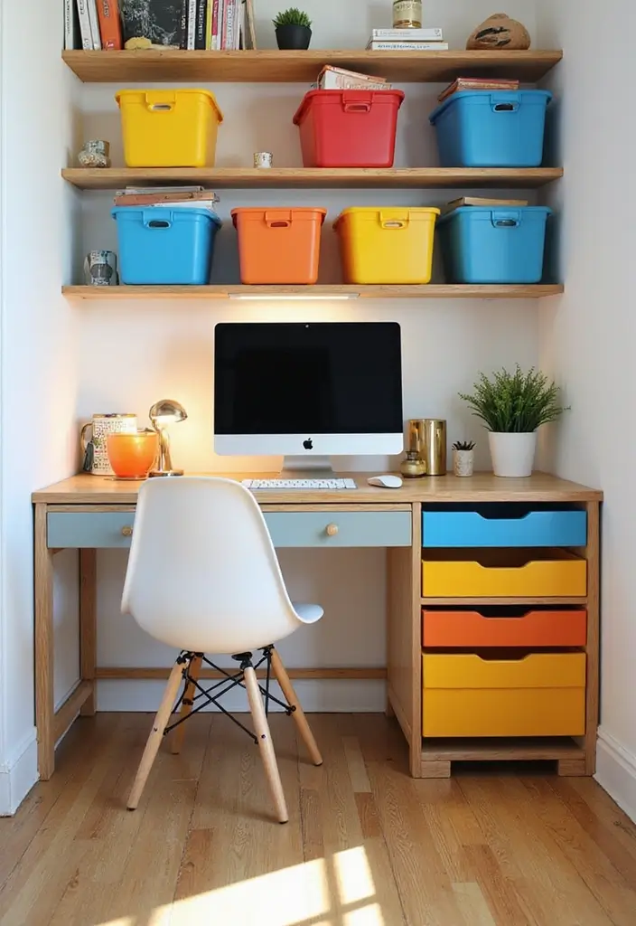 25 Office Nook Ideas That Fit in the Smallest Spaces - 22. Use of Colorful Bins