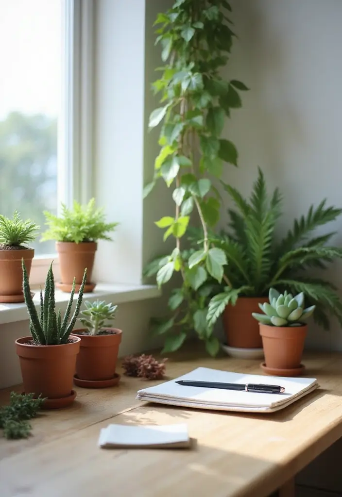25 Office with Plants Inspirations That Bring Fresh Energy - 1. Desk-Sized Greenery