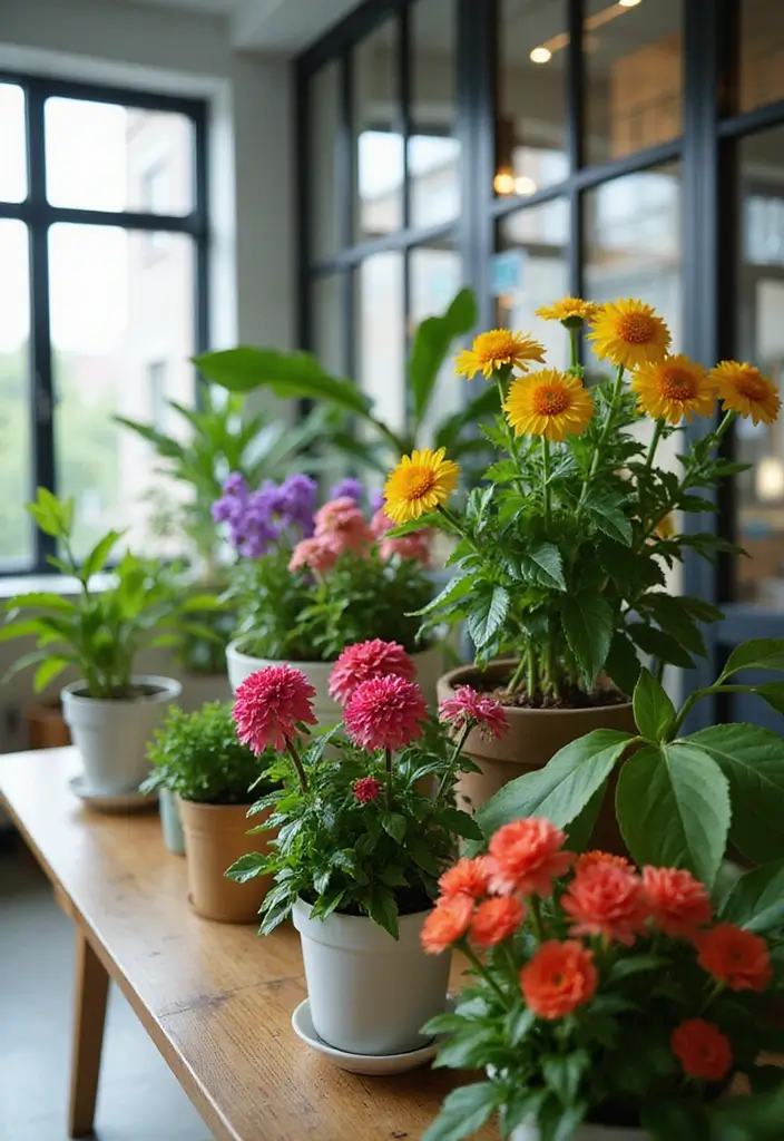 25 Office with Plants Inspirations That Bring Fresh Energy - 19. Colorful Plant Arrangements