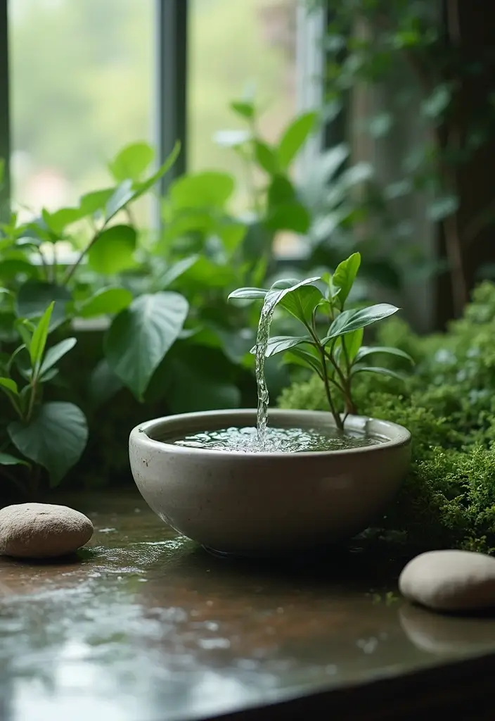 25 Office with Plants Inspirations That Bring Fresh Energy - 25. Incorporate Water Features