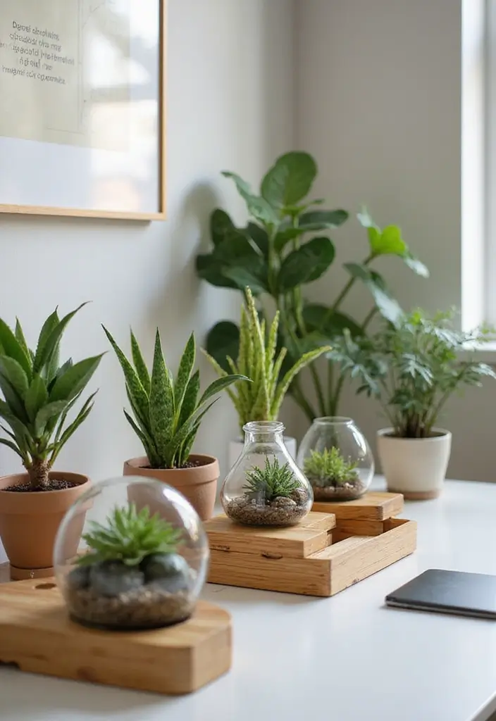 25 Office with Plants Inspirations That Bring Fresh Energy - 3. Biophilic Desk Accessories