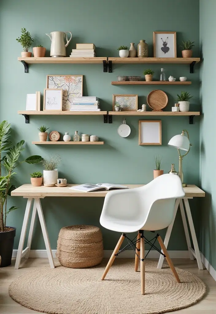 25 Sage Green Office Ideas That Feel Calm and Trendy - 12. Creative Wall Storage