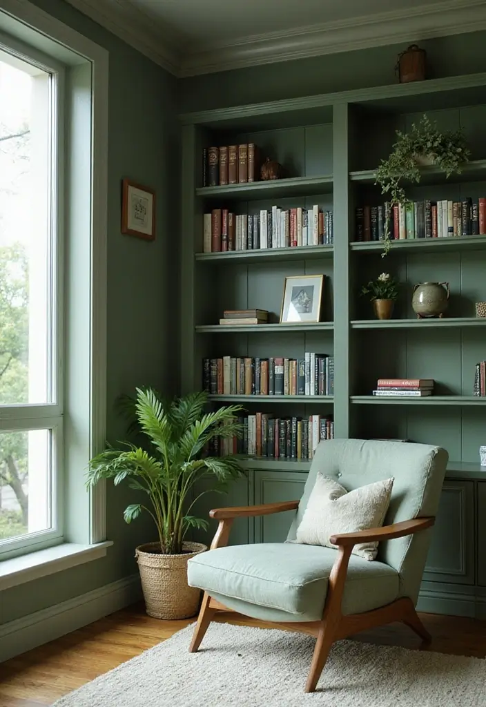 25 Sage Green Office Ideas That Feel Calm and Trendy - 17. Cozy Reading Nook