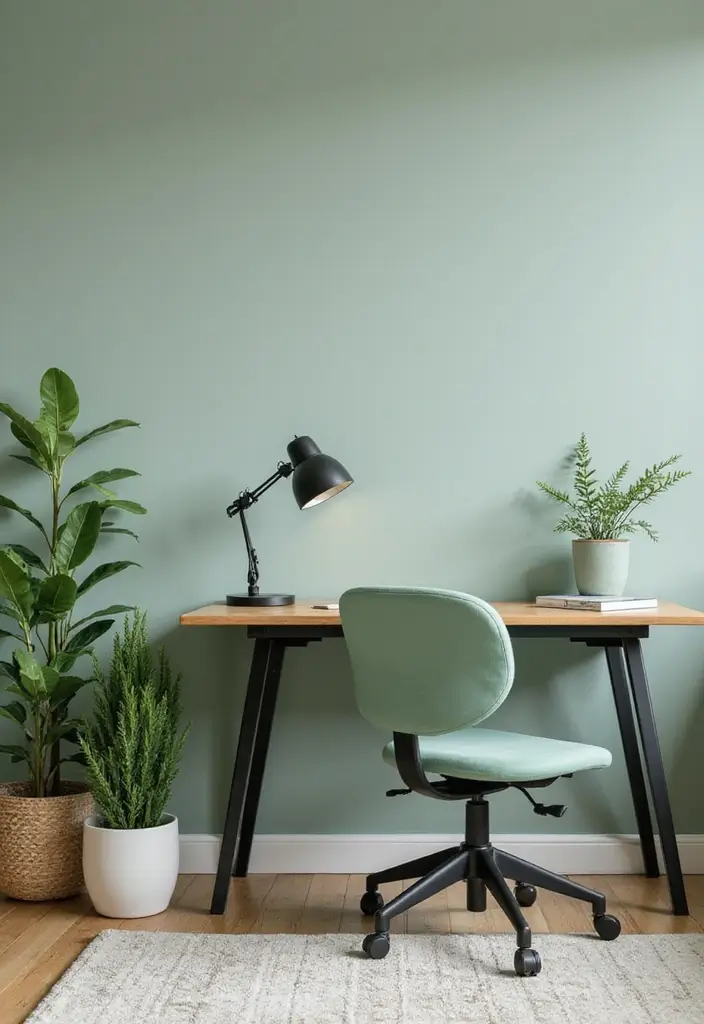 25 Sage Green Office Ideas That Feel Calm and Trendy - 2. Sage Green Office Furniture