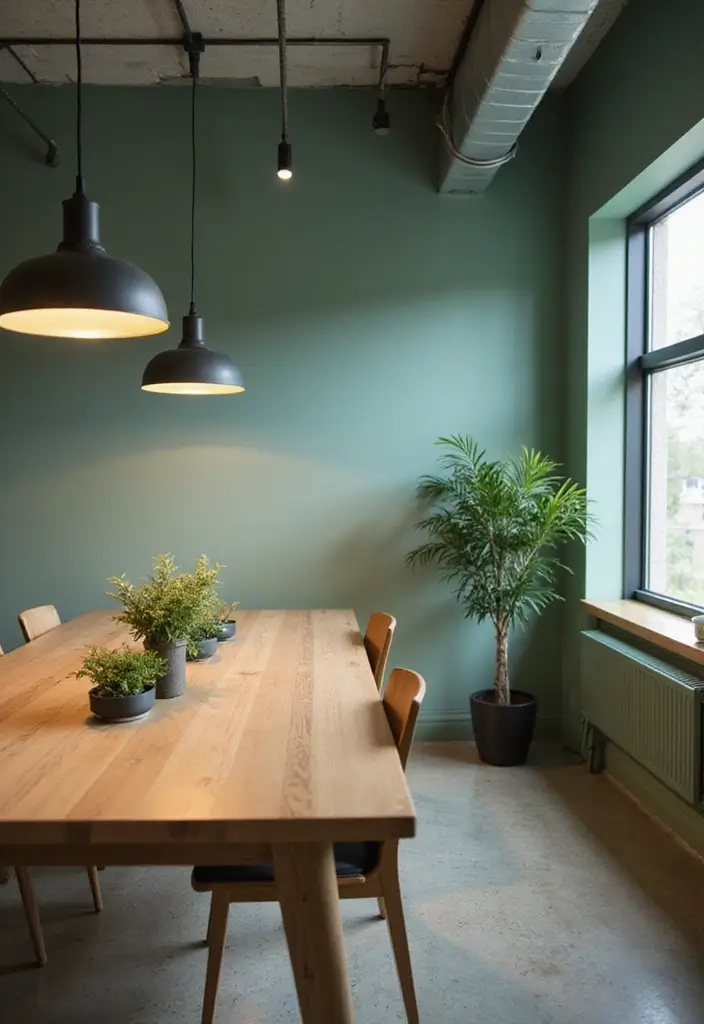 25 Sage Green Office Ideas That Feel Calm and Trendy - 20. Statement Lighting