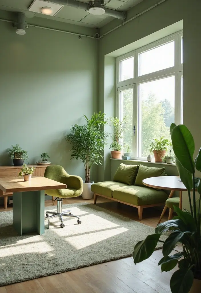 25 Sage Green Office Ideas That Feel Calm and Trendy - 21. Eco-Friendly Features