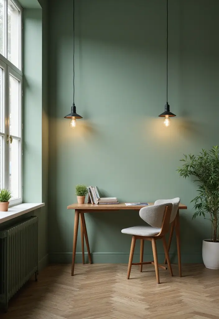 25 Sage Green Office Ideas That Feel Calm and Trendy - 7. Trendy Lighting Fixtures
