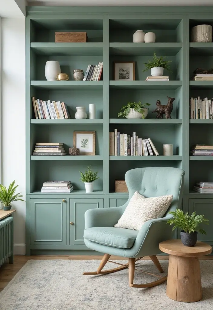 25 Sage Green Office Ideas That Feel Calm and Trendy - 9. Sage Green Shelving