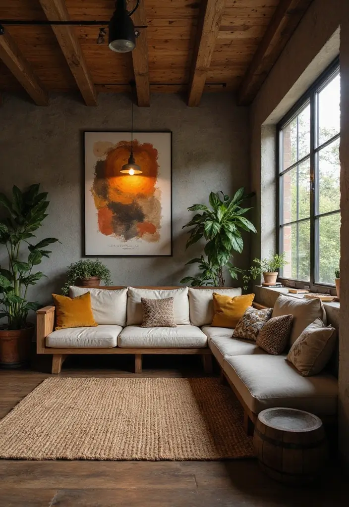 25 Small Office with Couch Setups That Feel Relaxed - 10. Rustic Warmth