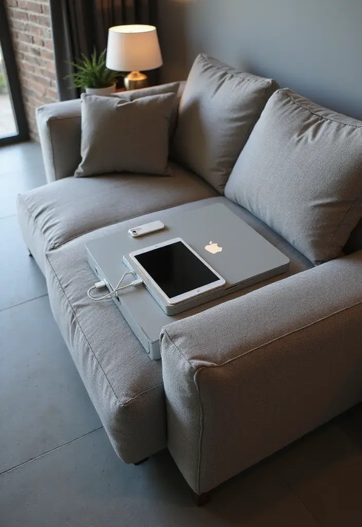 25 Small Office with Couch Setups That Feel Relaxed - 12. Tech-Friendly Setup