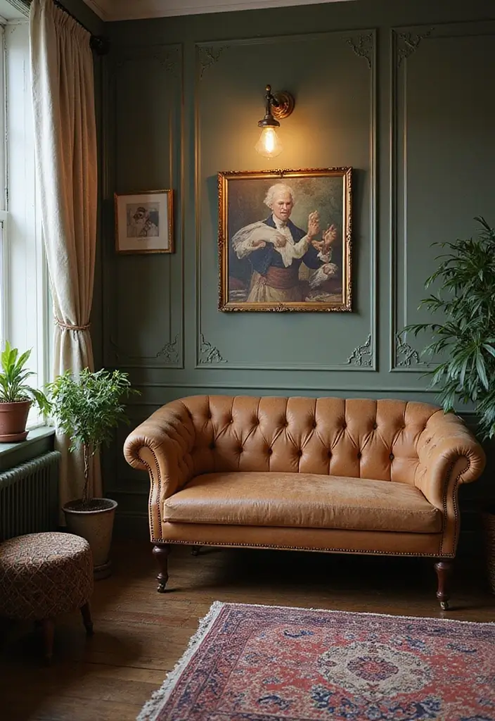 25 Small Office with Couch Setups That Feel Relaxed - 4. Vintage Charm