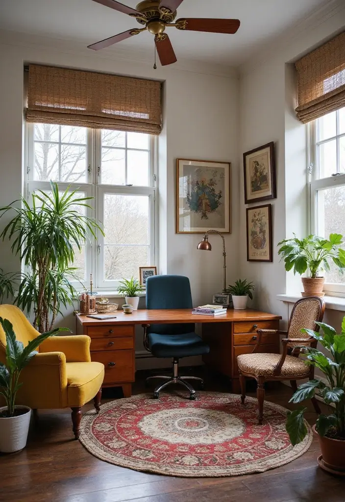 25 Small Office with Couch Setups That Feel Relaxed - 9. Eclectic Mix