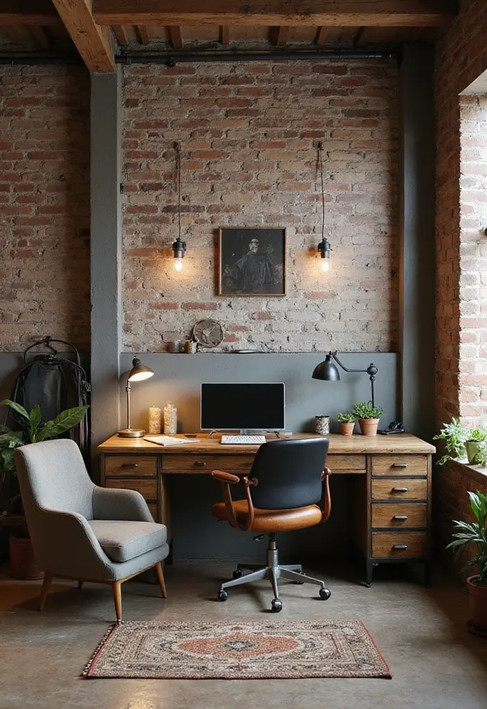 27 Living Room Office Combos That Actually Work - 16. Industrial Chic