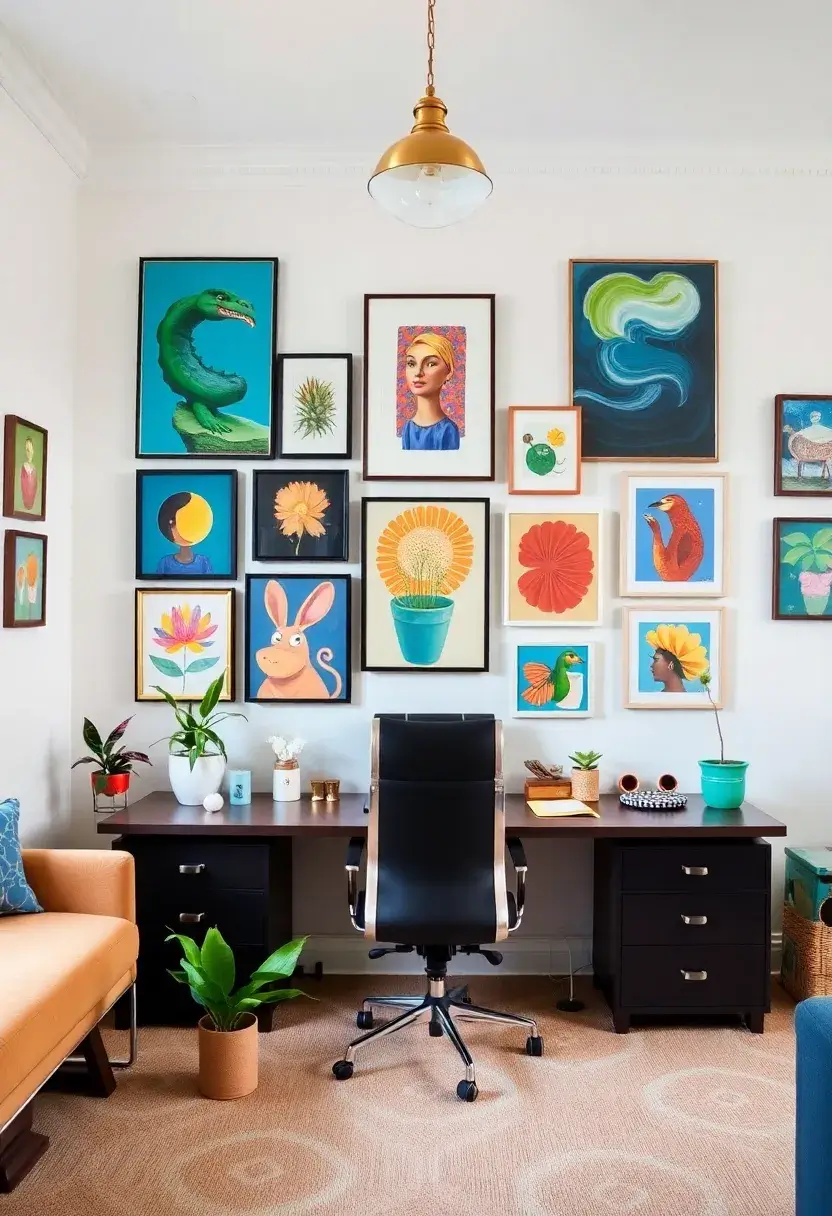 27 Living Room Office Combos That Actually Work - 22. Whimsical Wall Art
