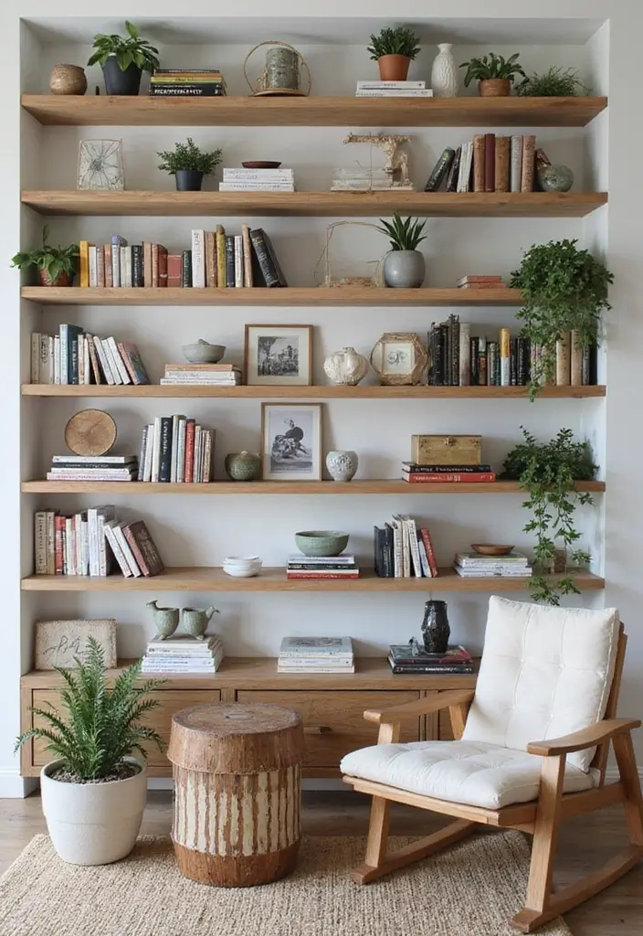 27 Living Room Office Combos That Actually Work - 4. Open Shelving Display