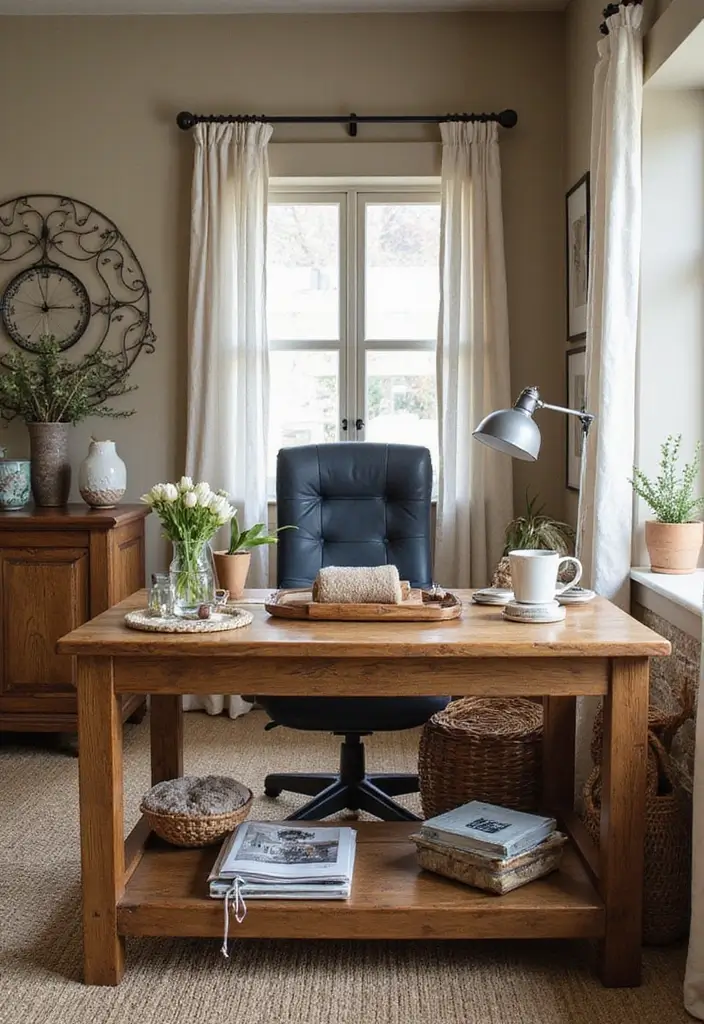 27 Living Room Office Combos That Actually Work - 7. Rustic Farmhouse Vibes