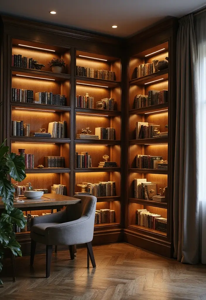 28 Office with Bookshelves Ideas That Look Smart and Cozy - 13. Bookshelves with Integrated Lighting