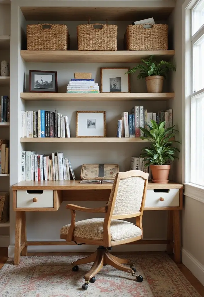 28 Office with Bookshelves Ideas That Look Smart and Cozy - 14. Bookshelves with Baskets for Storage