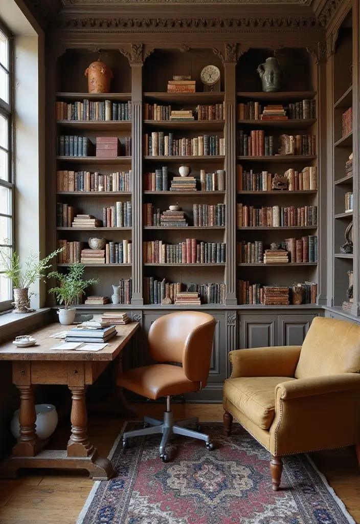 28 Office with Bookshelves Ideas That Look Smart and Cozy - 15. Vintage-Inspired Bookshelves