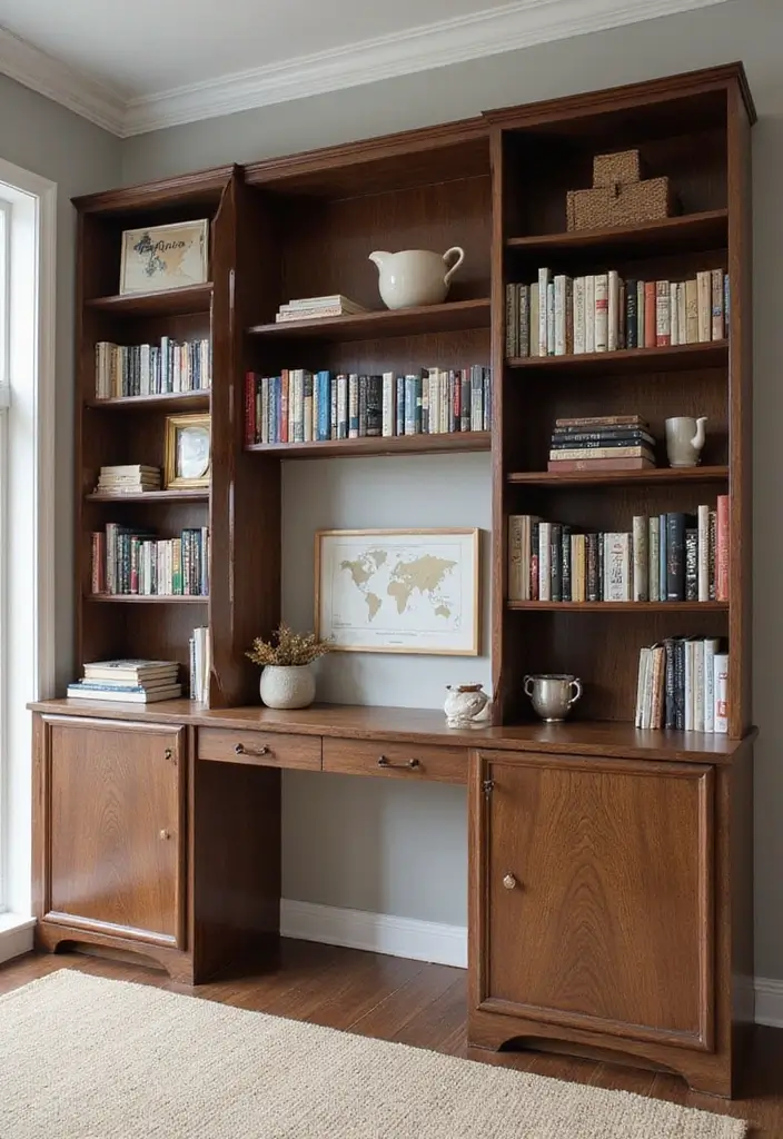 28 Office with Bookshelves Ideas That Look Smart and Cozy - 19. Bookshelves with Integrated Desks