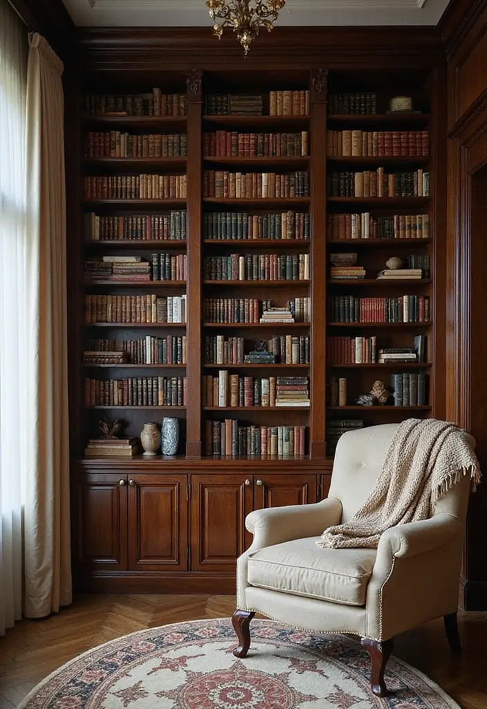28 Office with Bookshelves Ideas That Look Smart and Cozy - 2. A Classic Library Wall