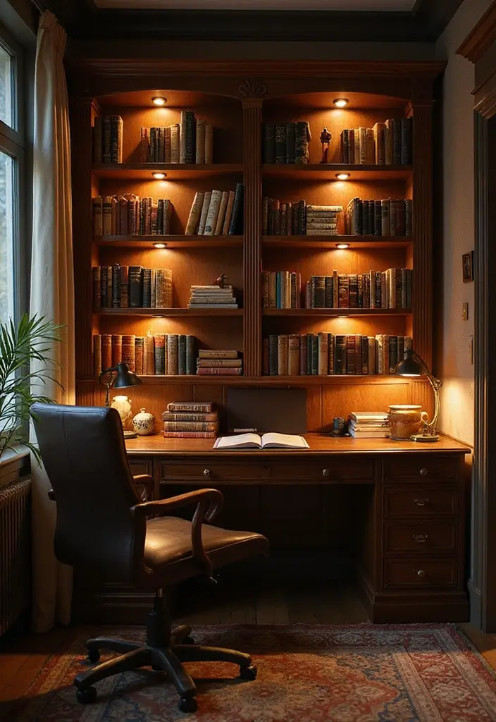 28 Office with Bookshelves Ideas That Look Smart and Cozy - 20. Bookshelves with Built-in Desk Lighting