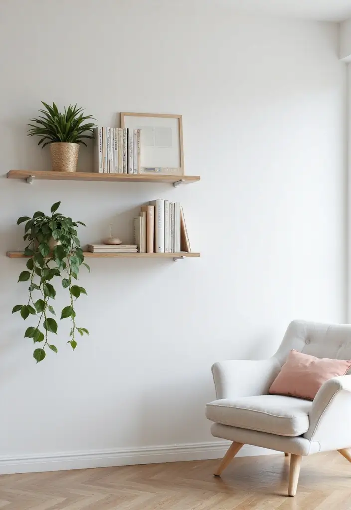 28 Office with Bookshelves Ideas That Look Smart and Cozy - 22. Minimalist Wall-Mounted Bookshelves