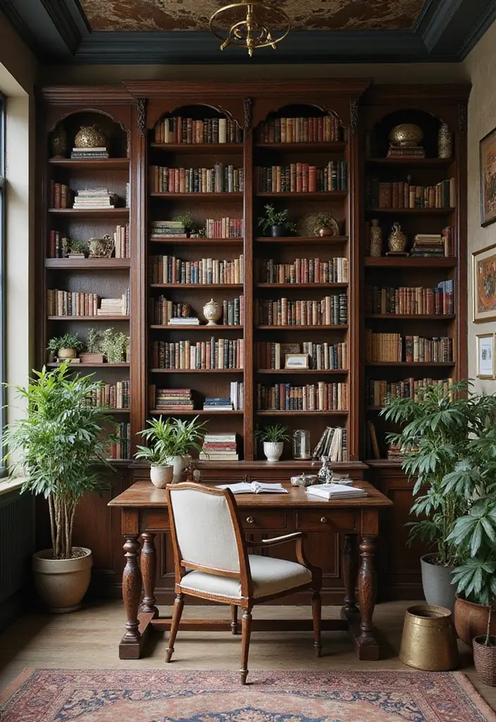 28 Office with Bookshelves Ideas That Look Smart and Cozy - 23. Bookshelves with Vintage Charm