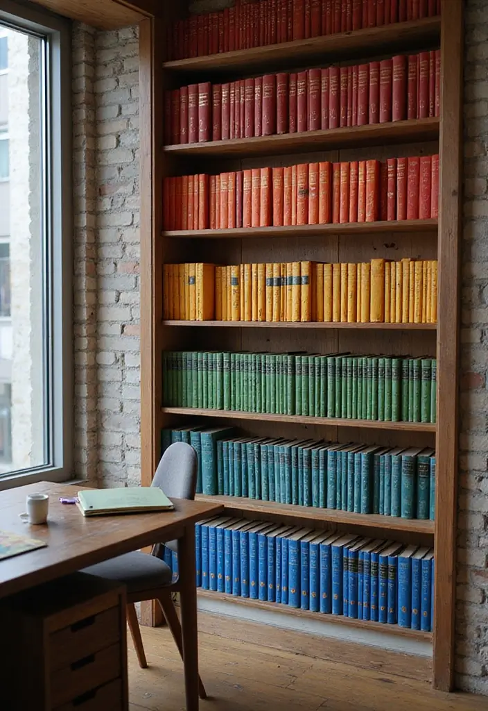 28 Office with Bookshelves Ideas That Look Smart and Cozy - 24. Color-Coordinated Bookshelves