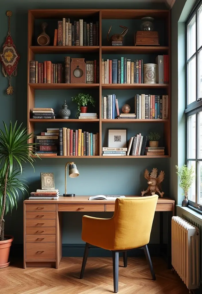 28 Office with Bookshelves Ideas That Look Smart and Cozy - 28. Eclectic Shelf Mix