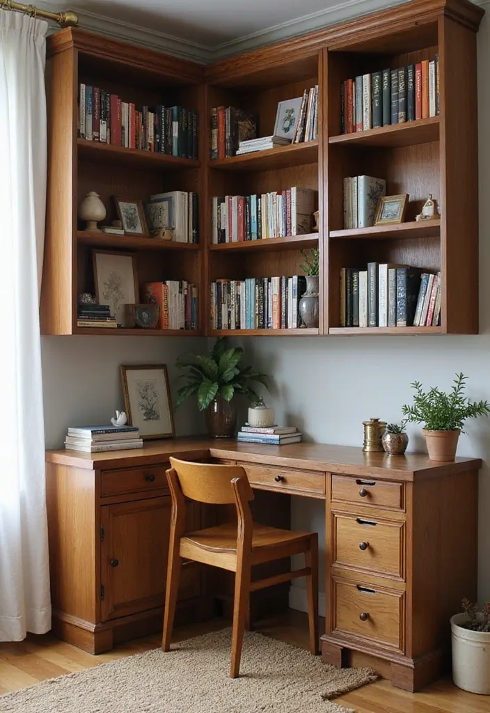 28 Office with Bookshelves Ideas That Look Smart and Cozy - 3. Corner Bookshelves for Efficient Use of Space