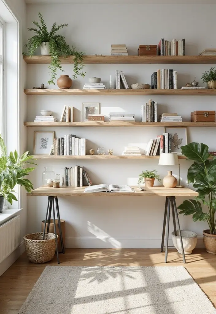 28 Office with Bookshelves Ideas That Look Smart and Cozy - 4. Open Shelving for a Casual Feel
