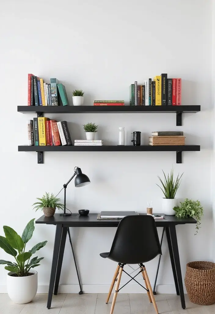 28 Office with Bookshelves Ideas That Look Smart and Cozy - 5. Minimalist Design with Monochrome Shelves