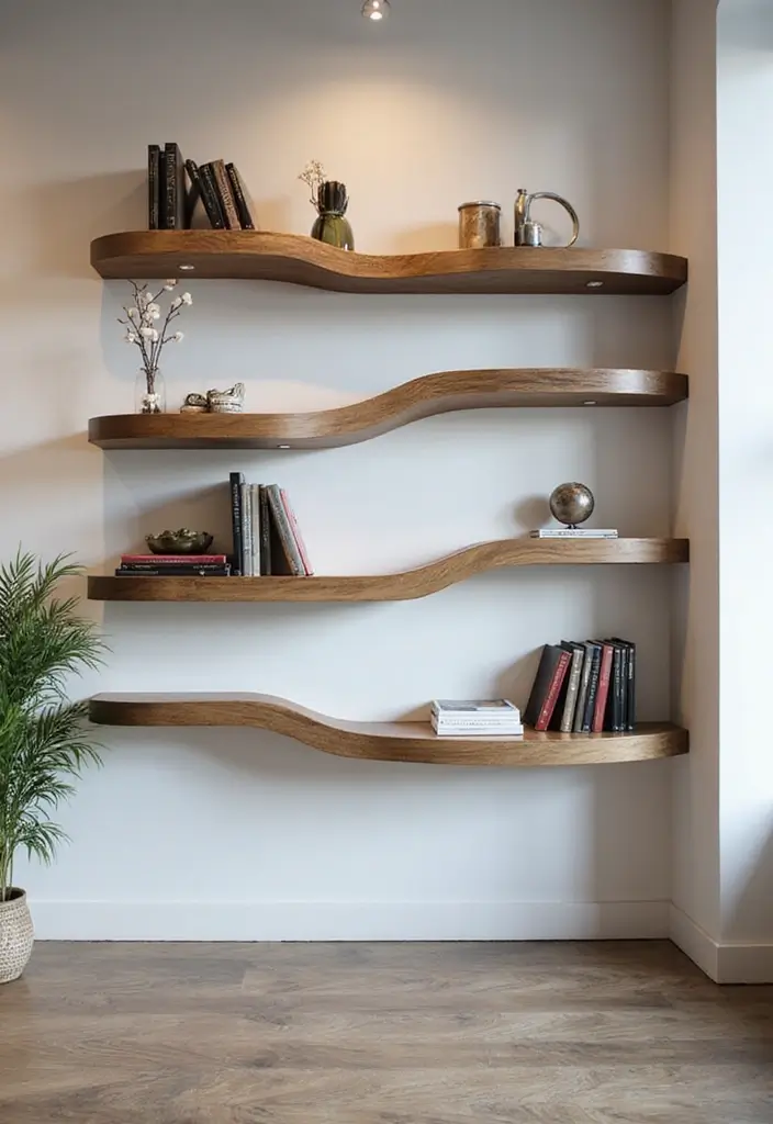 28 Office with Bookshelves Ideas That Look Smart and Cozy - 7. Unique Curved Shelves for a Modern Twist