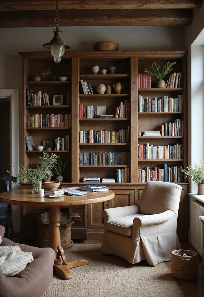 28 Office with Bookshelves Ideas That Look Smart and Cozy - 9. Rustic Wooden Bookshelves
