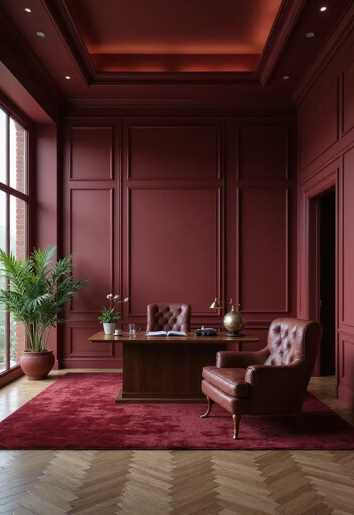 29 Office Paint Colors That Feel Fresh and Productive 11 29 Office Paint Colors That Feel Fresh and Productive - 11. Rich Burgundy