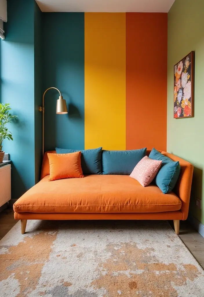 29 Office with Daybed Ideas That Mix Comfort with Work - 19. Creative Use of Color Blocking