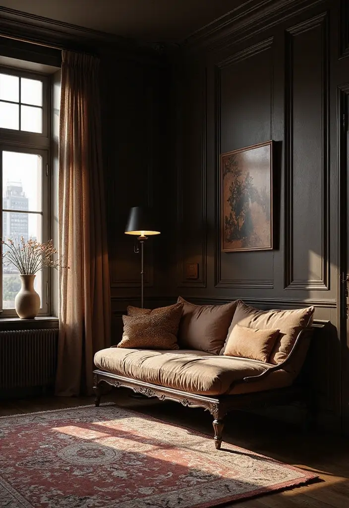 29 Office with Daybed Ideas That Mix Comfort with Work - 25. Sophisticated Dark Palette