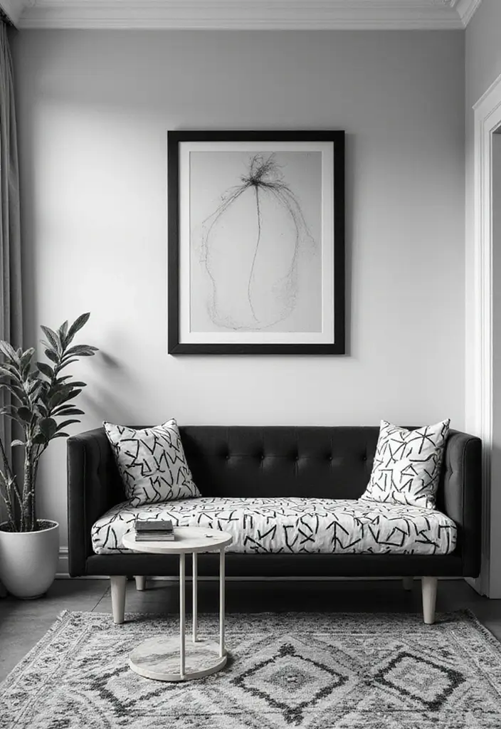 29 Office with Daybed Ideas That Mix Comfort with Work - 27. Sophisticated Black & White