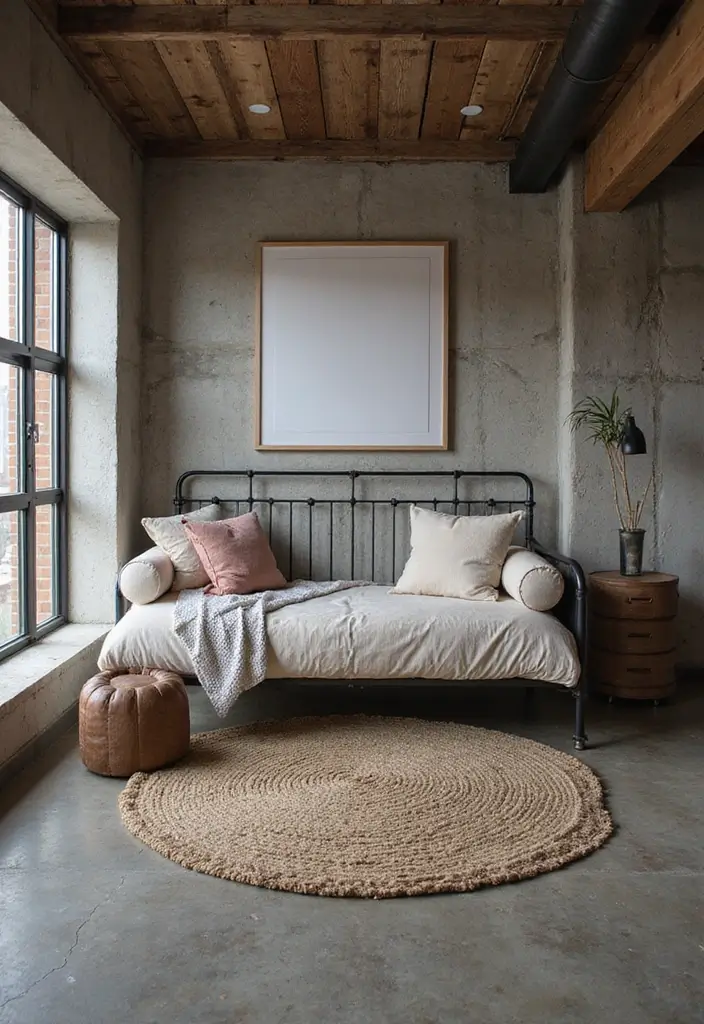 29 Office with Daybed Ideas That Mix Comfort with Work - 5. Industrial Chic Workspace