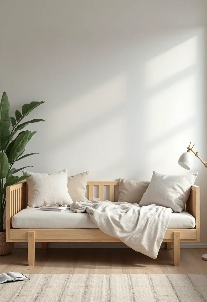 29 Office with Daybed Ideas That Mix Comfort with Work - 6. Serene Scandinavian Design