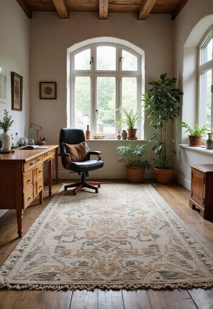 30 Rustic Office Ideas That Bring a Warm Farmhouse Vibe - 18. Layered Rugs