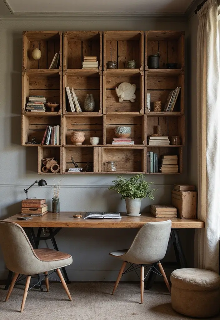 30 Rustic Office Ideas That Bring a Warm Farmhouse Vibe - 2. Vintage Storage Crates