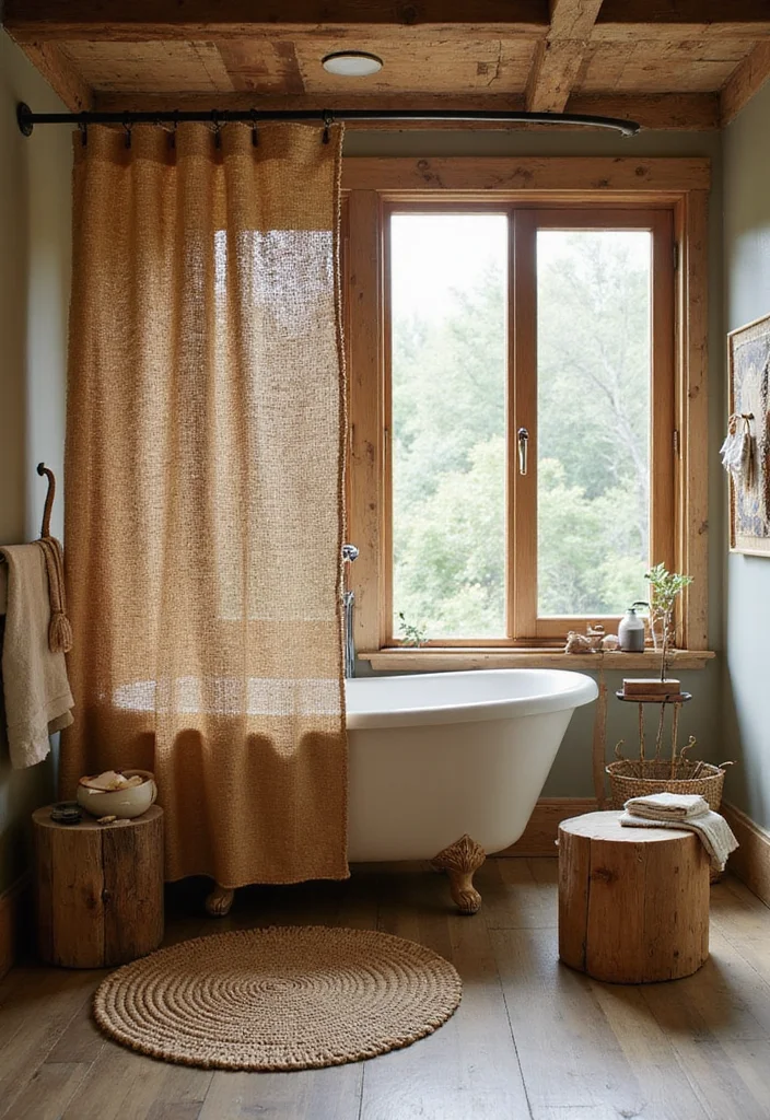 10 Bath Curtain Ideas for Quick Fresh Updates - 9. Sustainable Jute Curtains