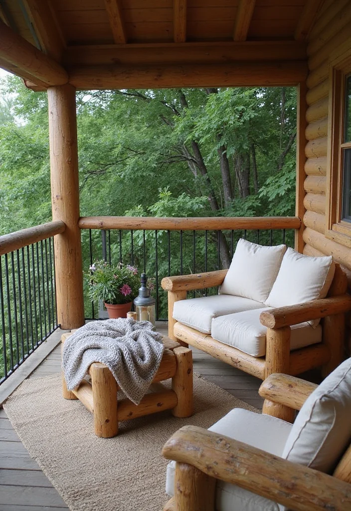 10 Cabin Front Porch Ideas for Natural Rustic Comfort - 1. Log Furniture Bliss