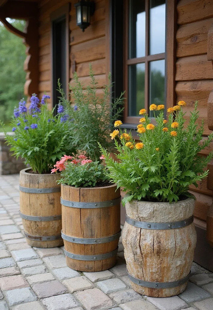 10 Cabin Front Porch Ideas for Natural Rustic Comfort - 2. Nature-Inspired Planters